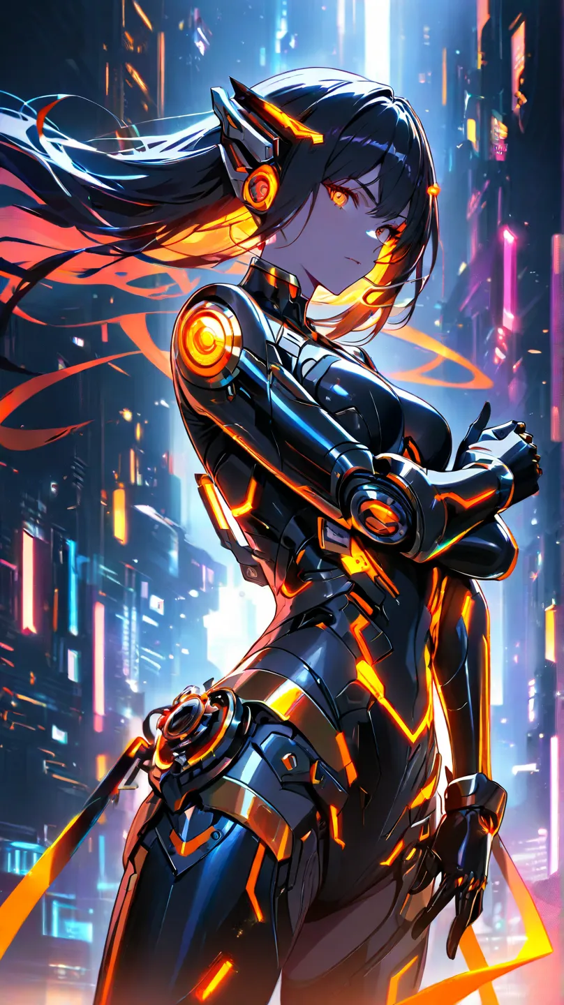 A futuristic female cyborg standing in a full-body front view, looking directly at the camera. She has a sleek, cybernetic body with dark metallic plating and glowing neon-orange circuits running through her arms, legs, and torso. Her face is partially hum...