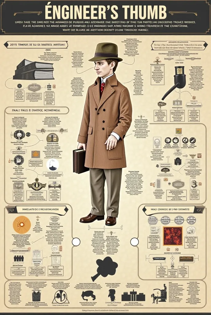 An infographic about the history of the engineer's thumb is from the story of Sherlock Holmes and I need different images and the largest text in Spanish
