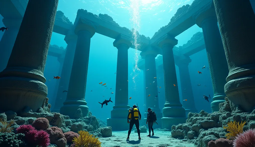 Divers exploring the ancient streets of Heracleion, surrounded by fish.