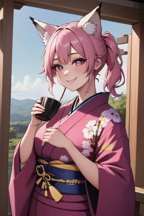 Perfect face. Perfect face. A pink haired woman with violet eyes and pink fox ears and a pink fox tail in a cute kimono is smiling while drinking tea underneath a cherry blossom