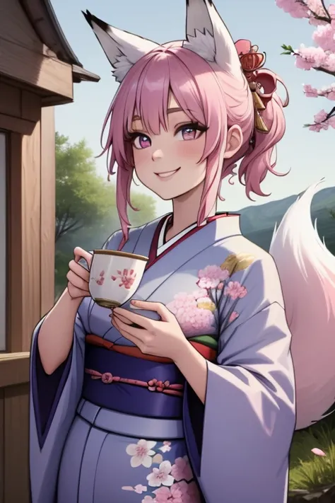 Perfect face. Perfect face. A pink haired woman with violet eyes and pink fox ears and a pink fox tail in a cute kimono is smiling while drinking tea underneath a cherry blossom