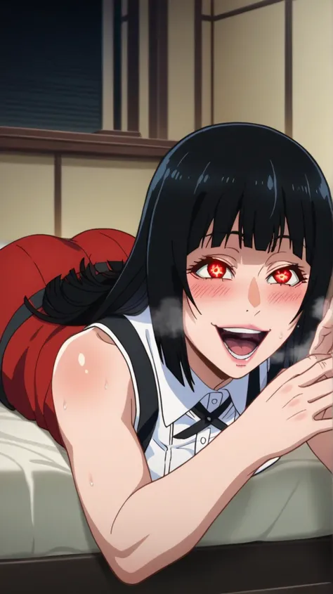 score_9, score_8_arriba, score_7_arriba,   source  _animated, 1 girl, Alone , indoors, day, Jabami Yumeko, red eyes, black hair,  long hair, blows, big breasts, red blazer,  white shirt, looking at the spectator,  eye contact with the spectator,  smile, (p...