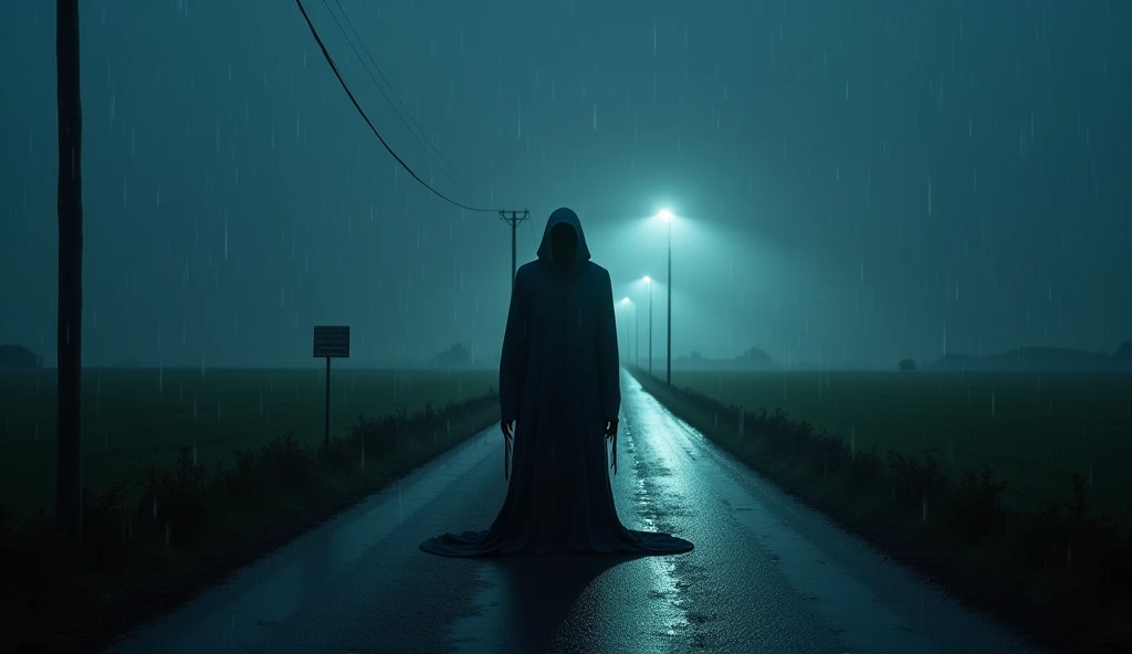 Realistic image of a supernatural figure in the middle of a deserted road next to farm plantation fields at night, dark, cold and rainy night, with macabre liquid darkness.