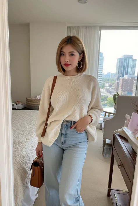 An amateur mirror selfie in a student-themed room with a city view in the background. A fair-skinned Latina woman with medium, round breasts strikes a confident pose, clad in a cozy oversized cream sweater paired with light-wash mom jeans. The outfit is co...