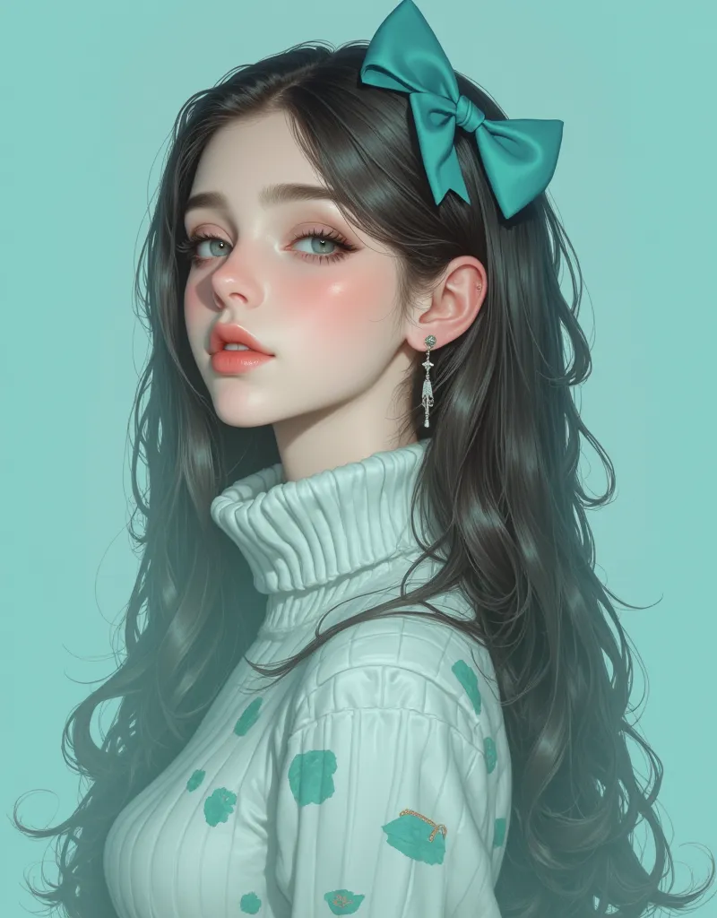 1girl, solo, polka_dot, jewelry, sweater, earrings, turtleneck, long_hair, aqua_background, simple_background, bow, blush, hair_bow, aqua_bow, looking_at_viewer, upper_body, wavy_hair, aqua_theme, lips, turtleneck_sweater