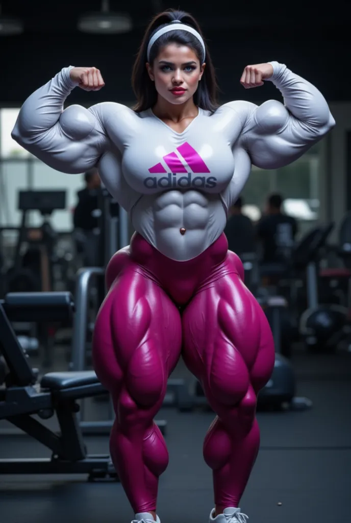 a photorealistic full body shot of beautiful woman with black hair, alabaster skin and blue eyes wearing shiny white long-sleeved leotard with a hot pink adidas logo and shiny neon hot pink metallic leggings.  the woman has huge muscles that stretch her cl...