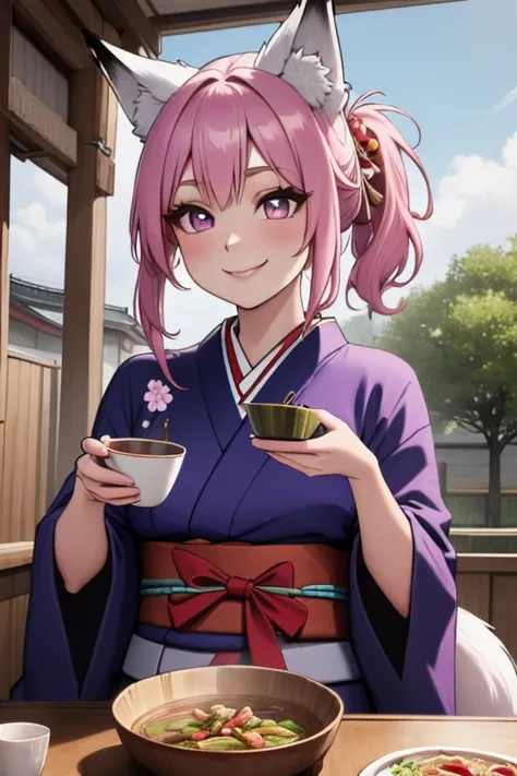 Perfect face. Perfect face. A pink haired woman with violet eyes and pink fox ears and a pink fox tail in a cute kimono is smiling while eating noodles underneath a cherry blossom