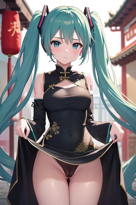 ((best quality)), ((masterpiece)), (detailed),1 girl。 Hatsune Miku。(moving composition)。Serious expression。Chinatown。china dress。 lift the hem。pussy juice spills。