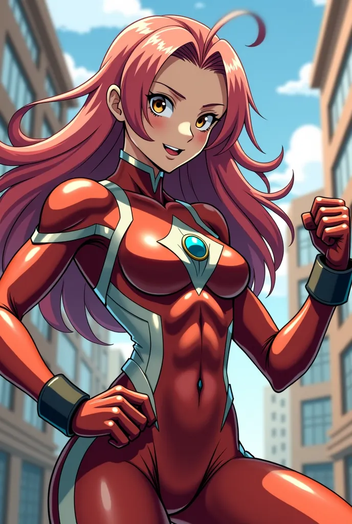  My Hero Academia Style , Anime girl, female, young female,muscular female,Full Body Shot,(fighting Pose:1.5),Long hair, Red Hair,  Brown Eyes,Hero Suit, Full Body Suit, red suit with white details,small round blue jewel in the center of the chest, perfect...