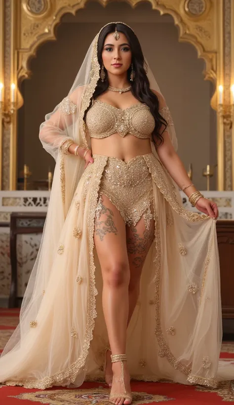 A beautiful fair skin curvy arabic girl wearing bridal gown, navel ring, tattoo on thighs, bindi, sindoor, bangles, anklets, chunari on head, standing in a church