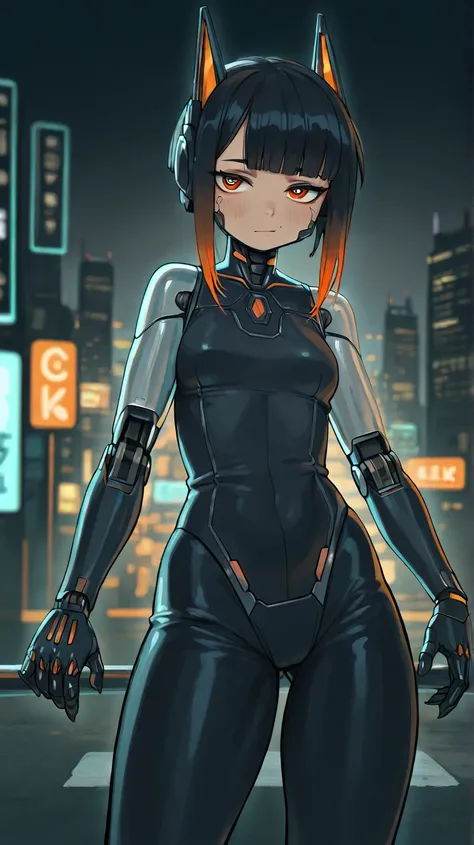 A futuristic female cyborg standing in a full-body front view, looking directly at the camera. She has a sleek, cybernetic body with dark metallic plating and glowing neon-orange circuits running through her arms, legs, and torso. Her face is partially hum...