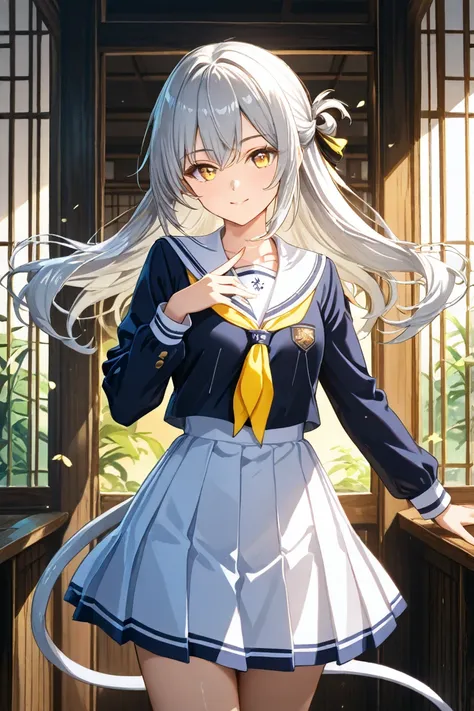 Silver Haired Girl　Age 15　 white skin　side tail hairstyle　 yellow eyes　　cool　Calm　Smile　 anime　comics　heroine　medium breasts　　One person　 perfect finger　Perfect Anatomy　　　uniform　　Forehead