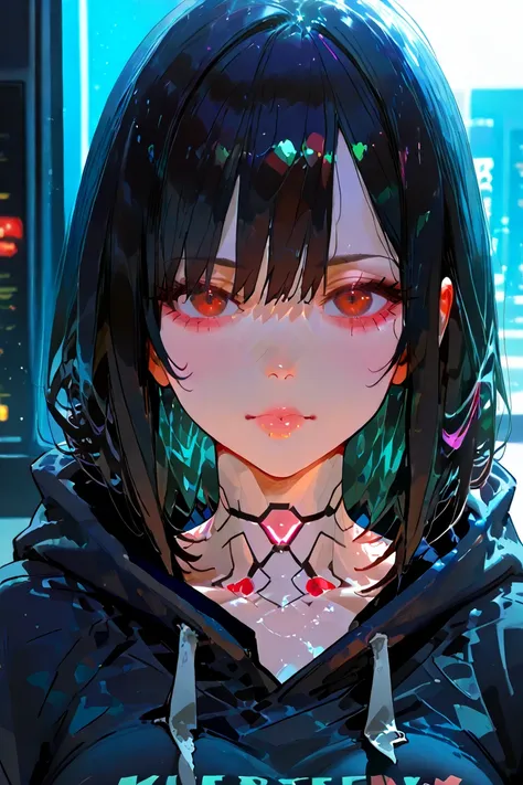 unkempt black hair、 shinky 、 hoodie、cyberpunk、Beautiful Girl、 popup、 high school student、 erotic、 anime style、high quality