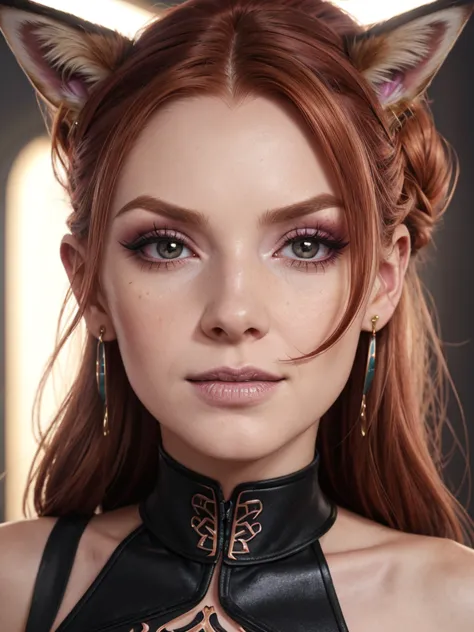 (mischievous pet:1.4), kiper, real skin, segolily nose, (narrow face:1.1), slender face, lupine, tribe of ephraim, irish genes, dark hazel eyes, scottish nose, lioness fox, cybercat, (high forehead, freckle:0.8), beady hazel eyes, brown slightly ginger, da...