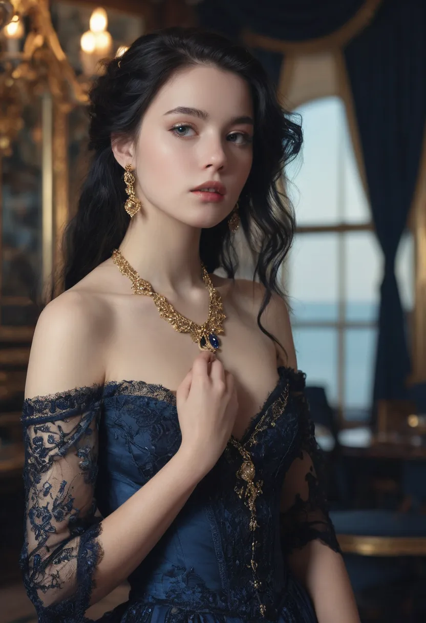 "A young woman in her early twenties with porcelain skin and long raven-black hair. She wears a luxurious midnight blue dress with golden embroidery and ornate sapphire jewelry. Her expression is serene yet mysterious, with a haunting gaze. The background ...