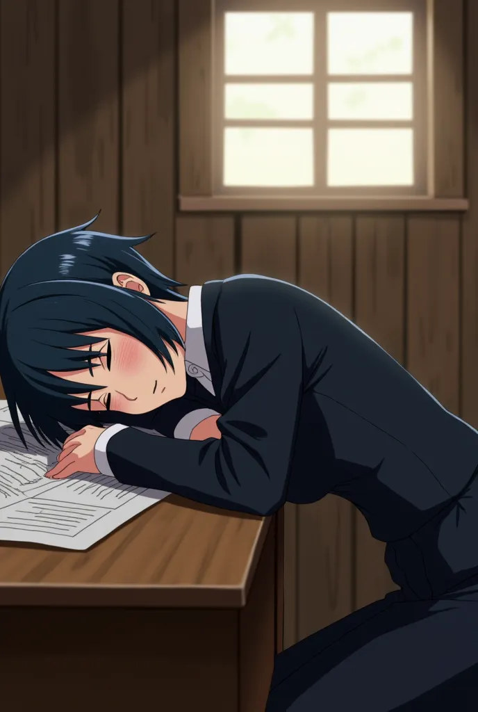 A female character with the animation of Naruto Shippuden. The woman is lying on a wooden desk, is sleeping . She has short, navy blue hair. She wears a full black suit. There are a lot of papers scattered on the desk. The walls behind it are made of wood,...