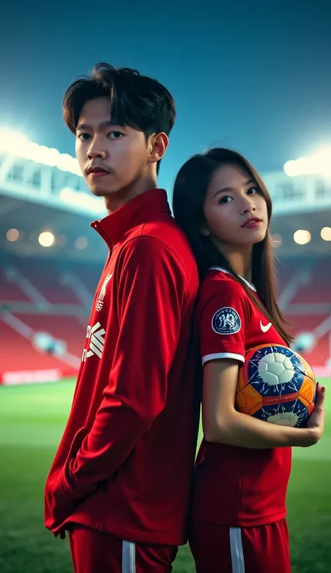 double exposure, cover photo of the film entitled "Friday Blessings". The cover shows a handsome Korean man with trendy short hair, wearing Jersey Liverpool at jacket clothes. The background is a beautifull Anfield stadium at night. The overall image has s...