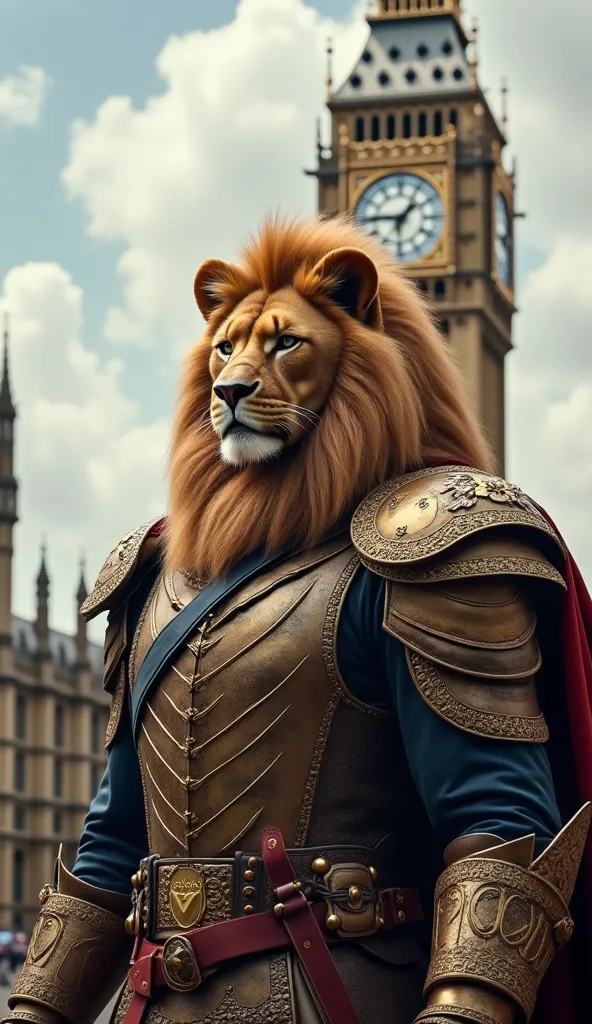 majestic lion-headed warrior wearing a royal British coat, standing in front of Big Ben.