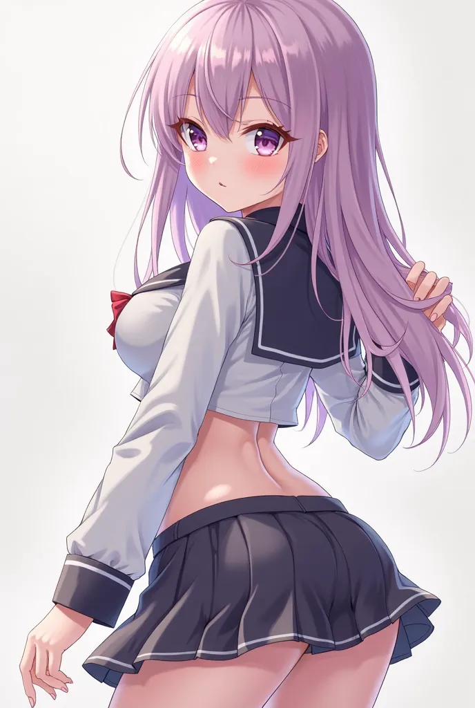  an anime girl ,  pale skin, pink eyes, lilac hair, in a very short and low-cut school uniform, a very small skirt, with a really big ass and big boobs without a bra, almost covered with her blouse, That she is partially on her back and showing her big ass...