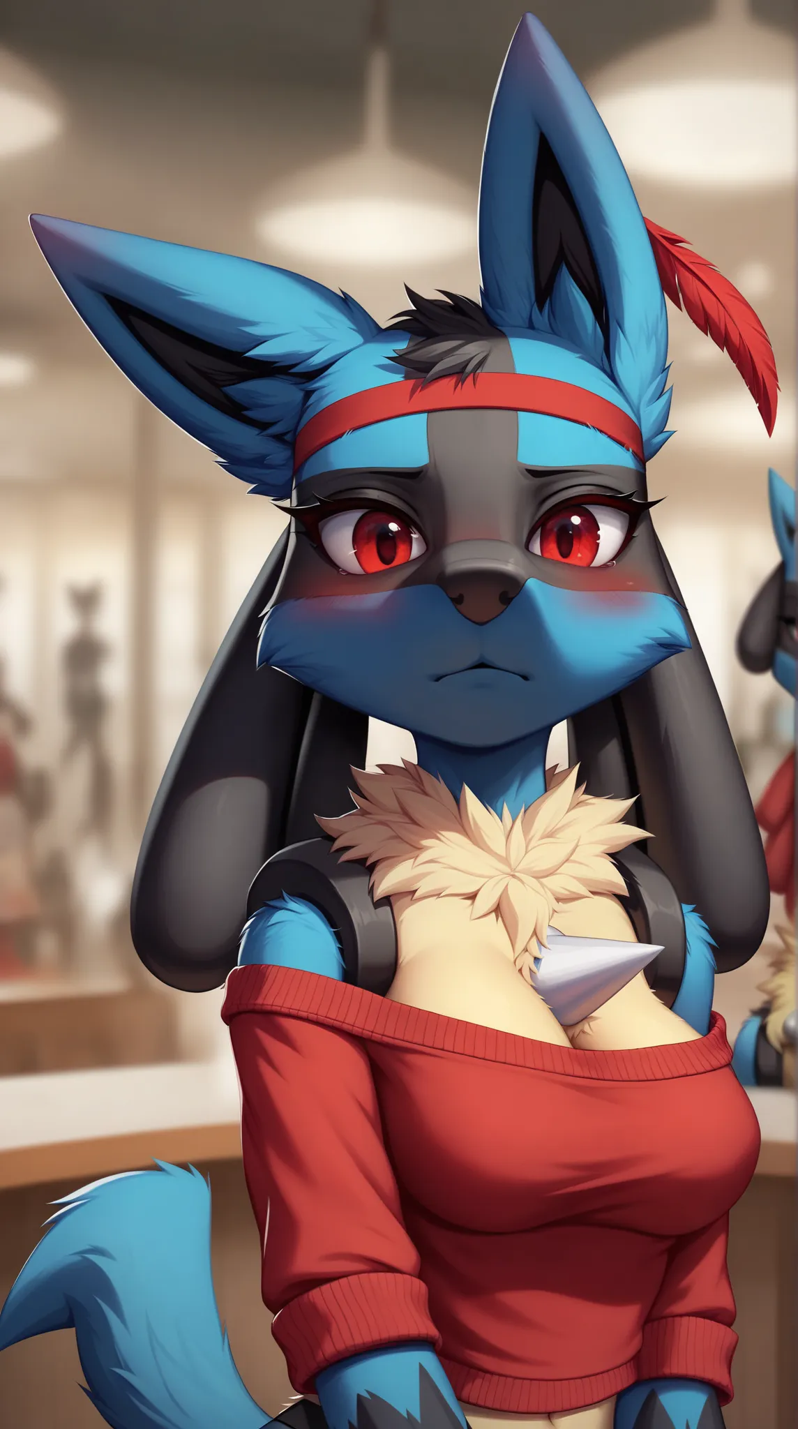  score_9,  score_8_high, 2D, solid color, Cafe background,    Lucario as Mobian   , mobian,  masterpiece, Lucario,    1 girl, blurred, blurred female, blue fur,   blue and black hair  , red eyes,   Look at the viewer  ,   Look at the viewer  ,    1 girl,  ...