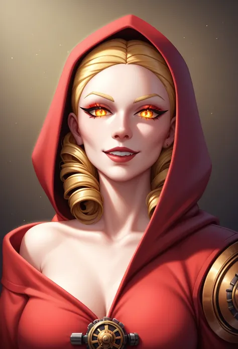 Sphynx cat tech priest portrait, sly smirk revealing cybernetic teeth, wrinkled hairless skin with intricate augmetic interface ports, ornate crimson hooded robe with gold Adeptus Mechanicus insignia, glowing red bionic eye with targeting reticle, steampun...