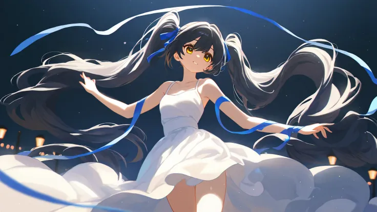 An 18-year-old girl with a long black color twintail hairstyle. She has golden eyes, wearing a white dress, and a blue ribbon around her left thighs, very high resolution, highest quality, dancing, moonlight, starlight, white background, streetlamp