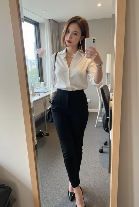 An amateur mirror selfie in a student-themed room with a city view in the background. A fair-skinned Latina woman with medium, round breasts strikes a confident pose, clad in a tailored white blouse tucked into high-waisted black trousers. The outfit is co...