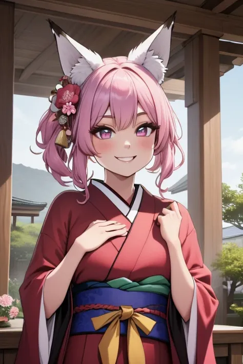 Perfect face. Perfect face. A pink haired woman with violet eyes and pink fox ears and a pink fox tail in a cute kimono is smiling while posing in a flurry of peony petals underneath a cherry blossom