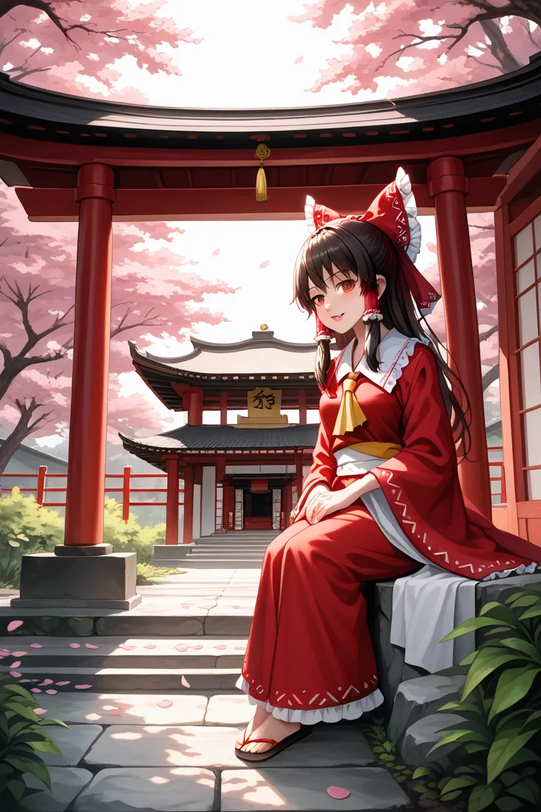 The anime character Touhou Project Hakurei Reimu is sitting