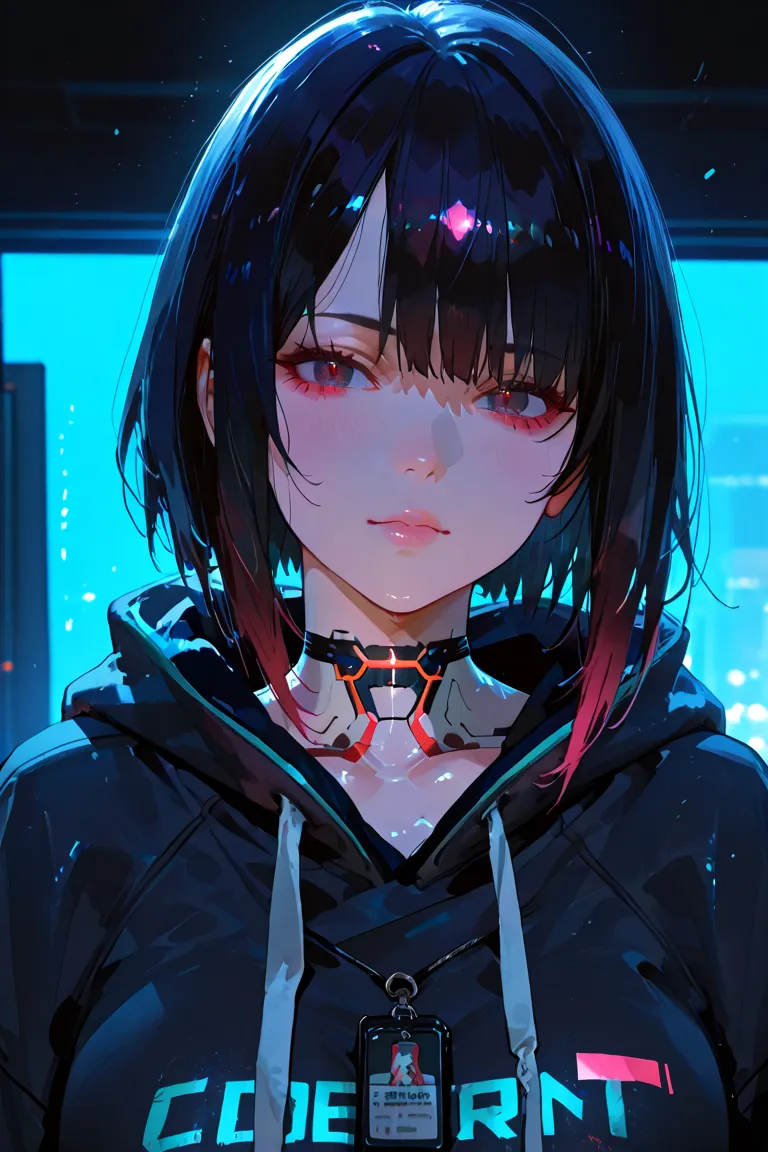 unkempt black hair、 shinky 、 hoodie、cyberpunk、Beautiful Girl、 popup、 high school student、 erotic、 anime style、high quality