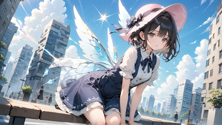 ( best quality ,  high resolution ,  Textured skin , high quality, high detail,  extremely detailed CG unity),one， age girl ， magic girl，Black short hair，Black Eyes，pink small hat，holding a magic wand，Walking stick ， magic ，cute，Multi-layered ruffles，Lace，...