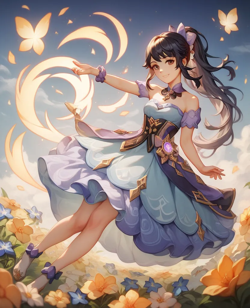 Genshin impact style, young woman, full body, black hair, ponytail style, long hair, brown eyes, lilac dress, smiling, using catalyst, flower fields, energy, detailed background, detailed character, detailed flowers 