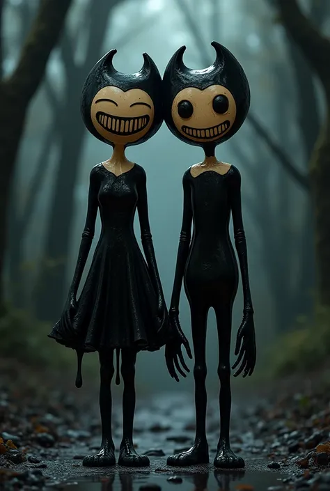 The distorted Alice from Bendy and the ink machine and Bendy are standing side by side