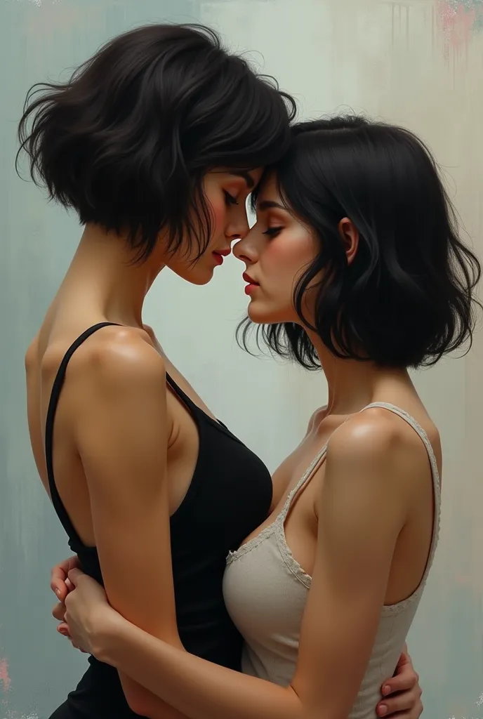 L’amour entre deux femmes brunes une cheveux courts et l’autre cheveux mi long 