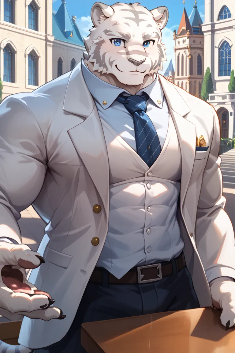 Zero Mercenaries,Mercenaries of the Evil One, cat, Mammals,  white tiger, Grey Nose,  blue eyes, male, One person, Butler服,  tie,  suit, 黒いButler服, Butler,  escort ,  to the viewer, Mansion, Western-style building, viewers ,  muscular, tail, motion blur, (...