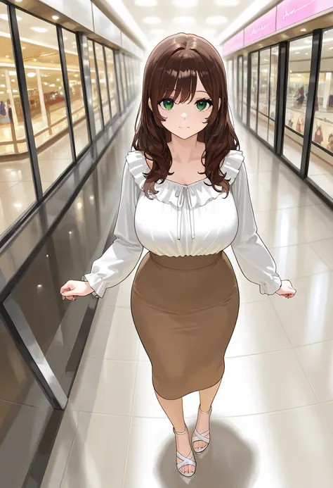 A high school girl with long, wavy dark brown hair and green eyes. She is wearing a white long sleeve ruffled blouse and a brown skirt. She wear a white sandal heels. The setting is a mall hallway with soft lighting. She has a curvy, busty, and voluptuous ...