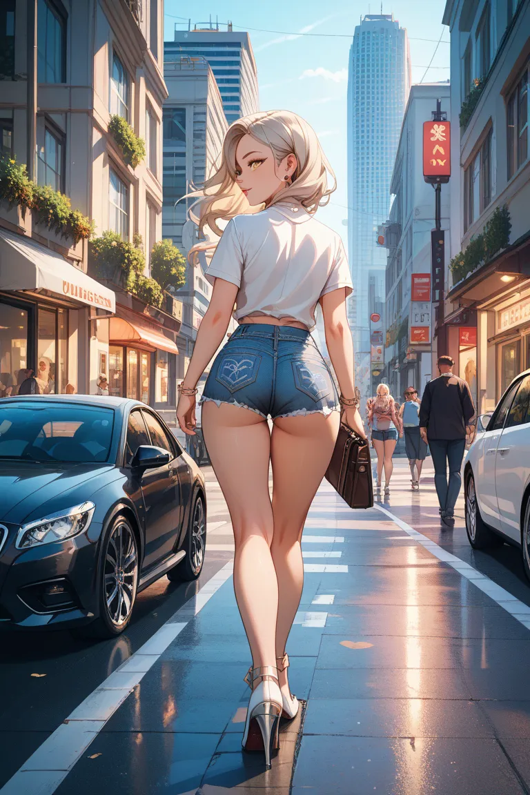 A beautiful anime-style girl with long, wavy platinum blonde hair, standing on a busy city street during golden hour. She has fair skin, large expressive eyes, and a confident expression. She is wearing a stylish black lace bralette and high-waisted denim ...