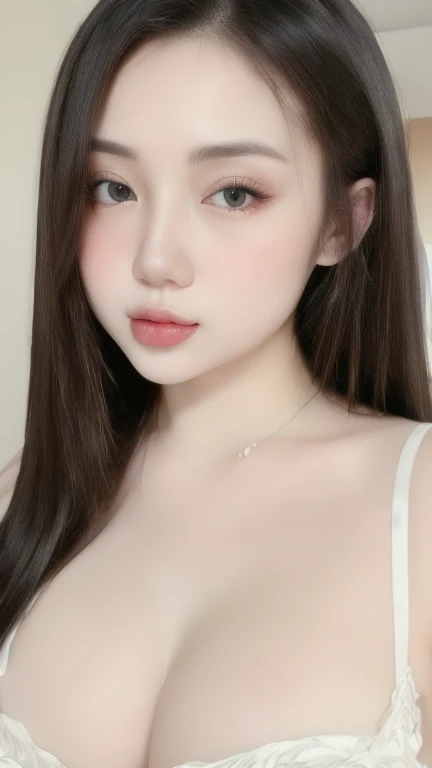 (realistic、masterpiece、Best Quality、8K、highres、high resolution:1.3)、1 girl、Huge breasts、white bikini、pale white skin、looking at viewers、super fine face and eyes、long hair、indoor、 upper body、