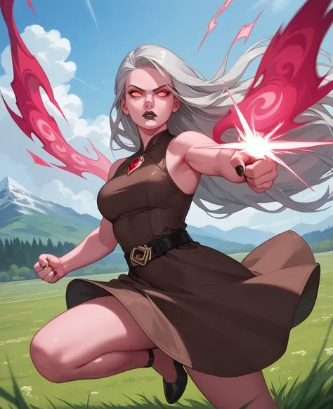 Girl with pink skin, pink skin color, silver hair, long hair, black lipstick, crimson eyes, glowing eyes, Black nails, old Brown dress with a belt on the weist, Brown dress, Belt on weist, crimson energy, crimson aura, flying, fighting , punch, punching, s...