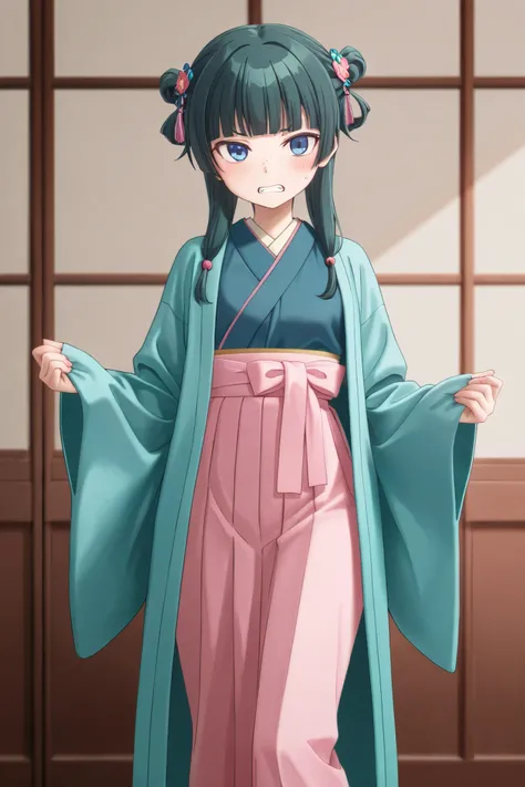 NSFW,masterpiece,Highest quality,high resolution,very detailed,Cat\( one by one person at the drugstore\),long hair、bangs、 blue eyes、hair ornaments close to the garden、 green hair、鈍いbangs、 freckles、 bun hair, single bun, kimono,robe、緑のrobe、 Long Sleeve、wid...