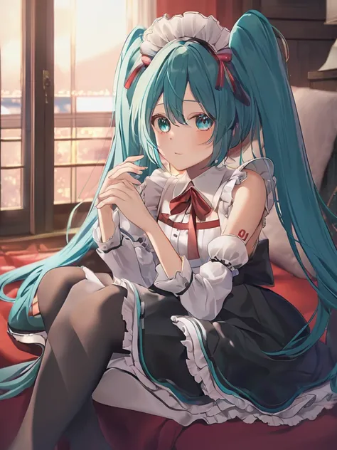 Hatsune miku shy in maid costume bare feets stockings black 