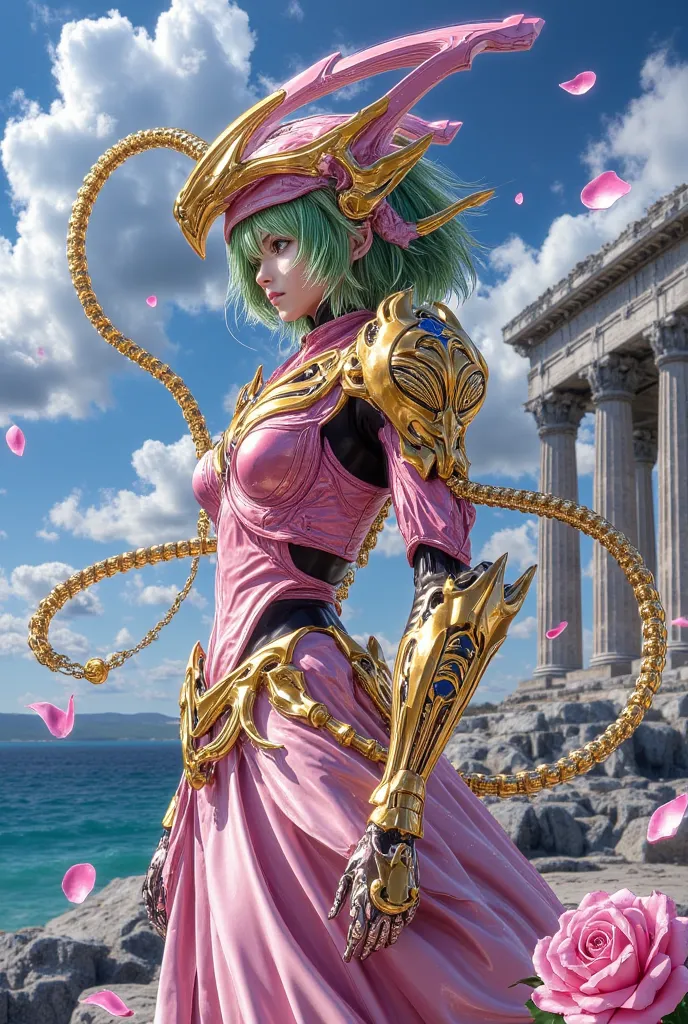  Saint Seiya; Shun, Andromeda Knight; short, greenish hair; Wearing the armor of the Andromeda constellation; Androgen figure; HELMET OF Andromeda; Pink colors ; Do gold chains circulate ; In the background: Greek temple near the sea; Some rose petals fall...