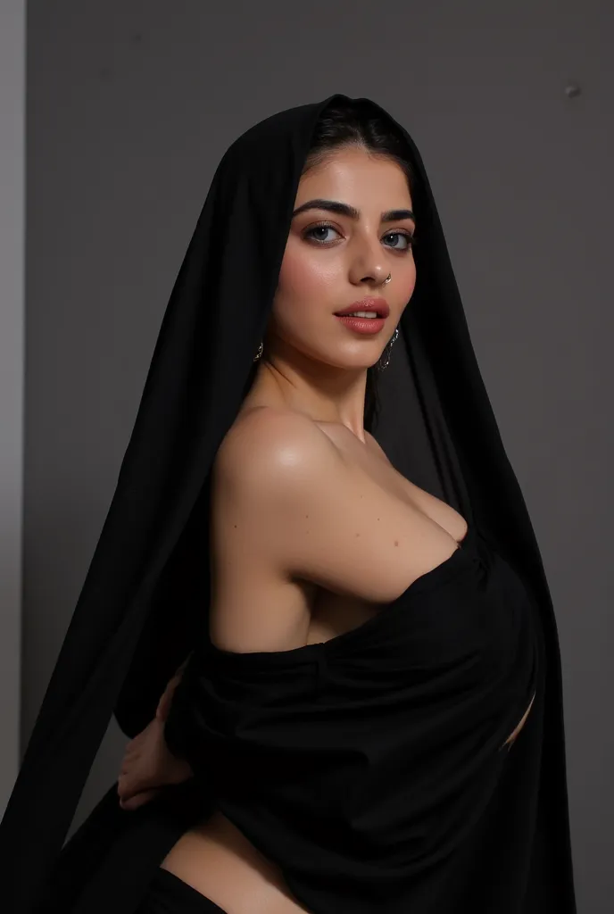 Full body portrait of a girl a nun in a sexy in a in a black latex saree hot pose looking seductive,big breast, sassy photoshoot, (intricate detailing of face eyes nose mouth full lips & body parts), textured skin, smile:0.6, eyes symmetry, face symmetry, ...