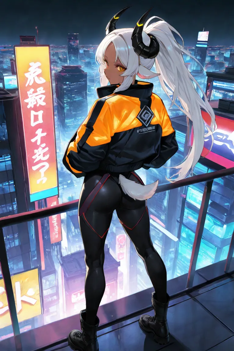 masterpiece, best quality, amazing quality, very aesthetic, clear_face,
white hair, 1girl, ibex_girl, goat_ears, (small_goat_tail:1.5), white tail, goat_horns, long horns, black horns, curved horns,  white_hair, long_hair, high_ponytail, side_bangs, sleek_...