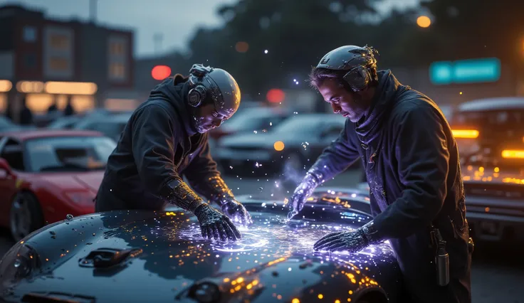 Daniel LaRusso ,  old boy, waxing a futuristic but old car, type Porsche.  Very detailed foreground . He wears futuristic work clothes. Exterior image at dusk. When you run your hand with wax, holograms appear on the surface of the car. Parking lot full of...