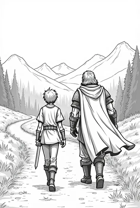 Black and white art with simple lines depicting two adventurers seen from behind, setting off on a dangerous journey. Lief, a slender young man with short hair, wears a simple cape and a metal belt adorned with empty medallions. Beside him, Barda, a tall, ...