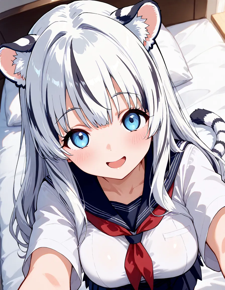   1 girl,  alone,   long hair,White tiger ears , white tiger tail,  blue eyes,big breasted,  school uniform,White Tiger Girl  、,((happy face)),on the bed,((first-person perspective)), shiny hair,sleep sharing,blush, HORIDE