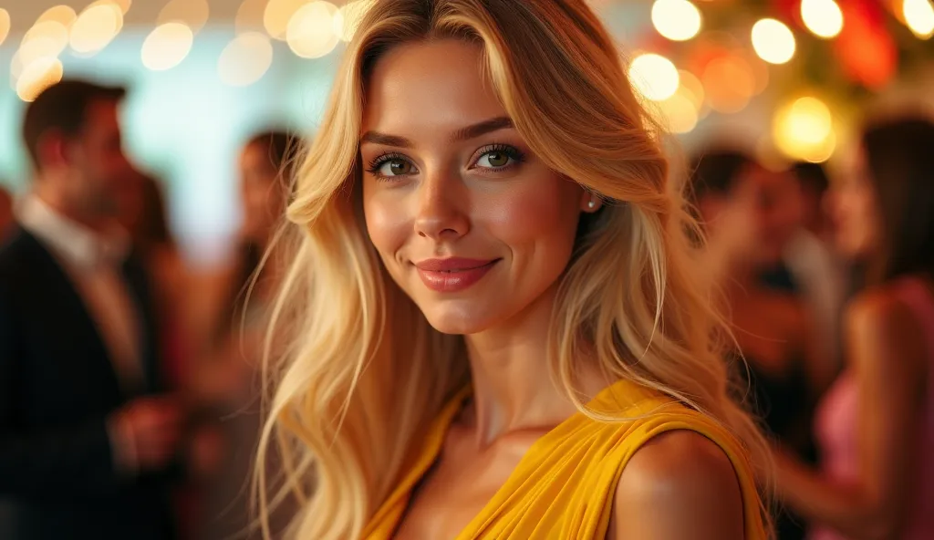 Beautiful blonde girl of Russian appearance close up in a charming yellow dress 27 years old, at party