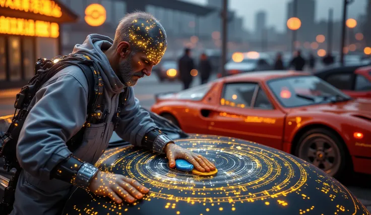 Daniel LaRusso ,  old boy, waxing a futuristic but old car, type Porsche.  Very detailed foreground . He wears futuristic work clothes. Exterior image at dusk. When you run your hand with wax, holograms appear on the surface of the car. Parking lot full of...