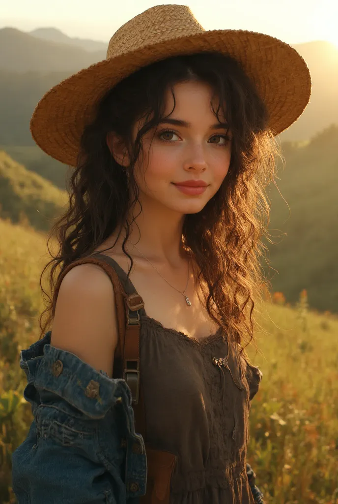 a girl with curly hair, with a country hat, clothes similar to those who live in the countryside